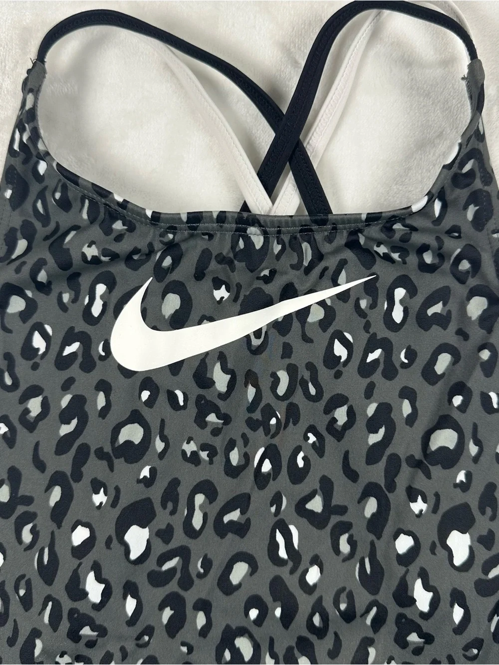 Nike Black & Gray Leopard Print Kids Swim Bikini Crop Top with White Swoosh